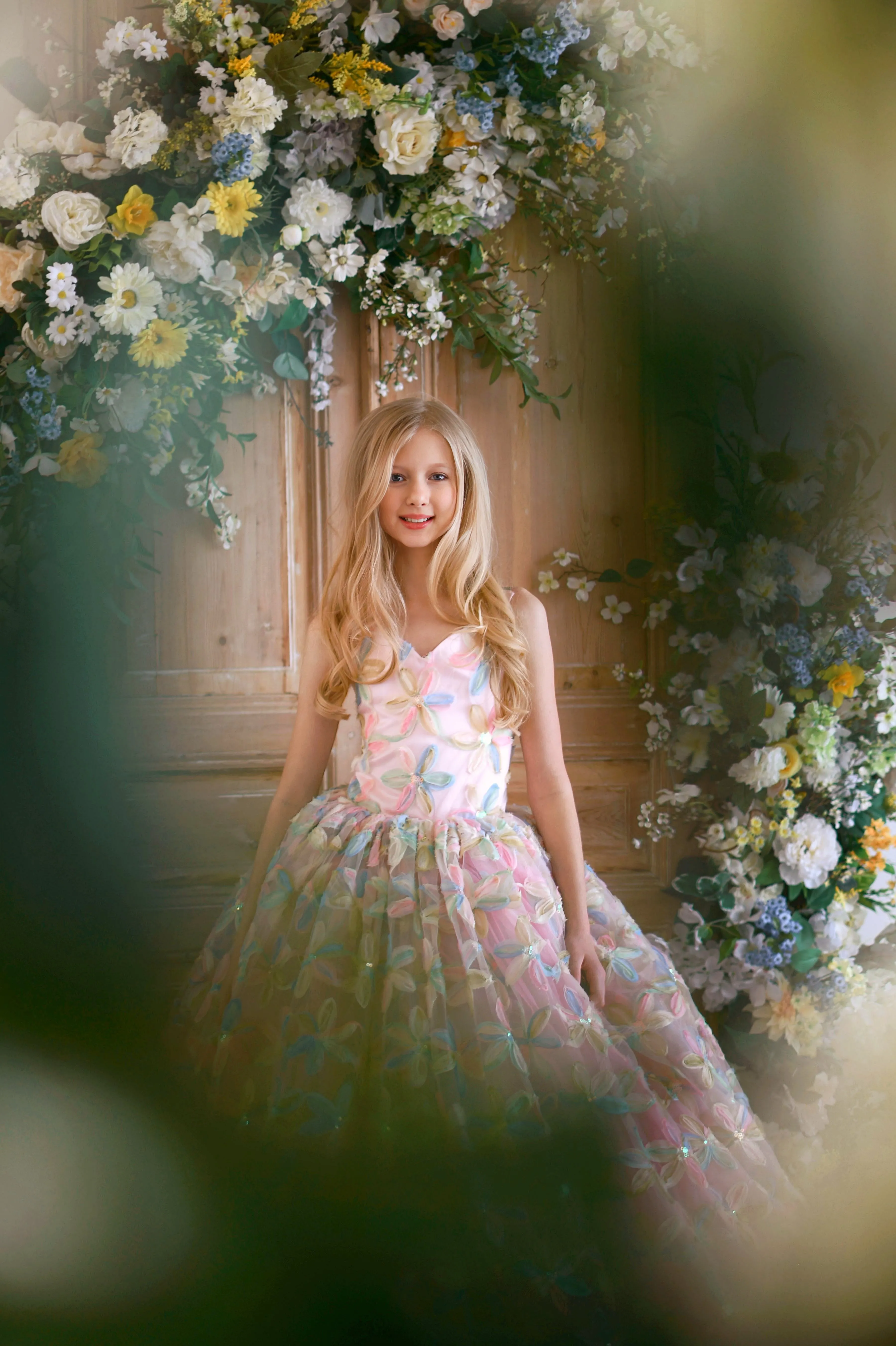 "Sun-kissed Petals" Couture Floor length gown -Cape not included (8 Year - Petite 10 Year)