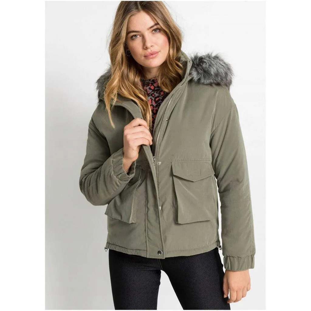 Rainbow Hooded Coat with Fur Trim Dusky Olive UK 10