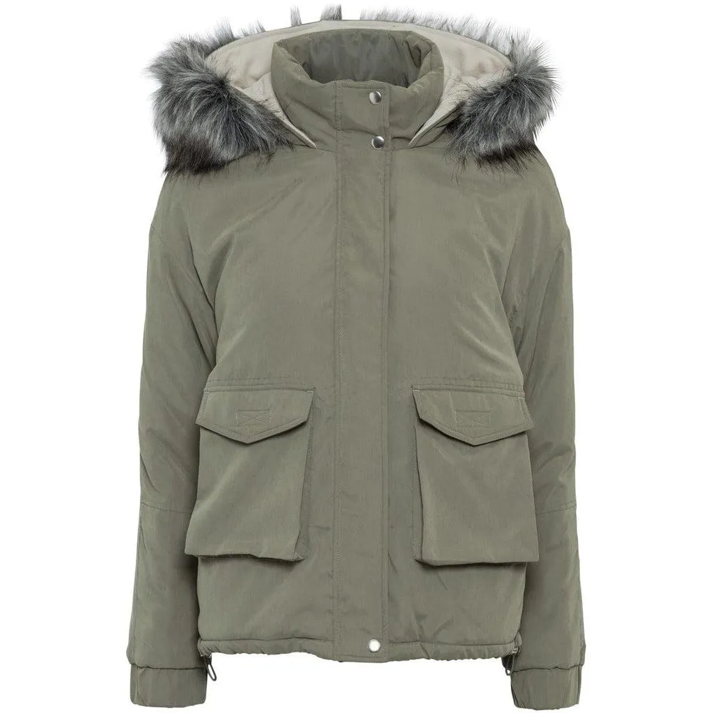 Rainbow Hooded Coat with Fur Trim Dusky Olive UK 10