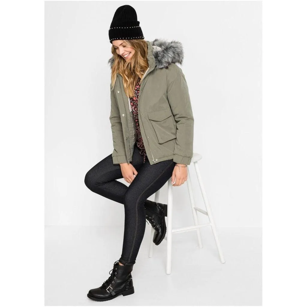 Rainbow Hooded Coat with Fur Trim Dusky Olive UK 10