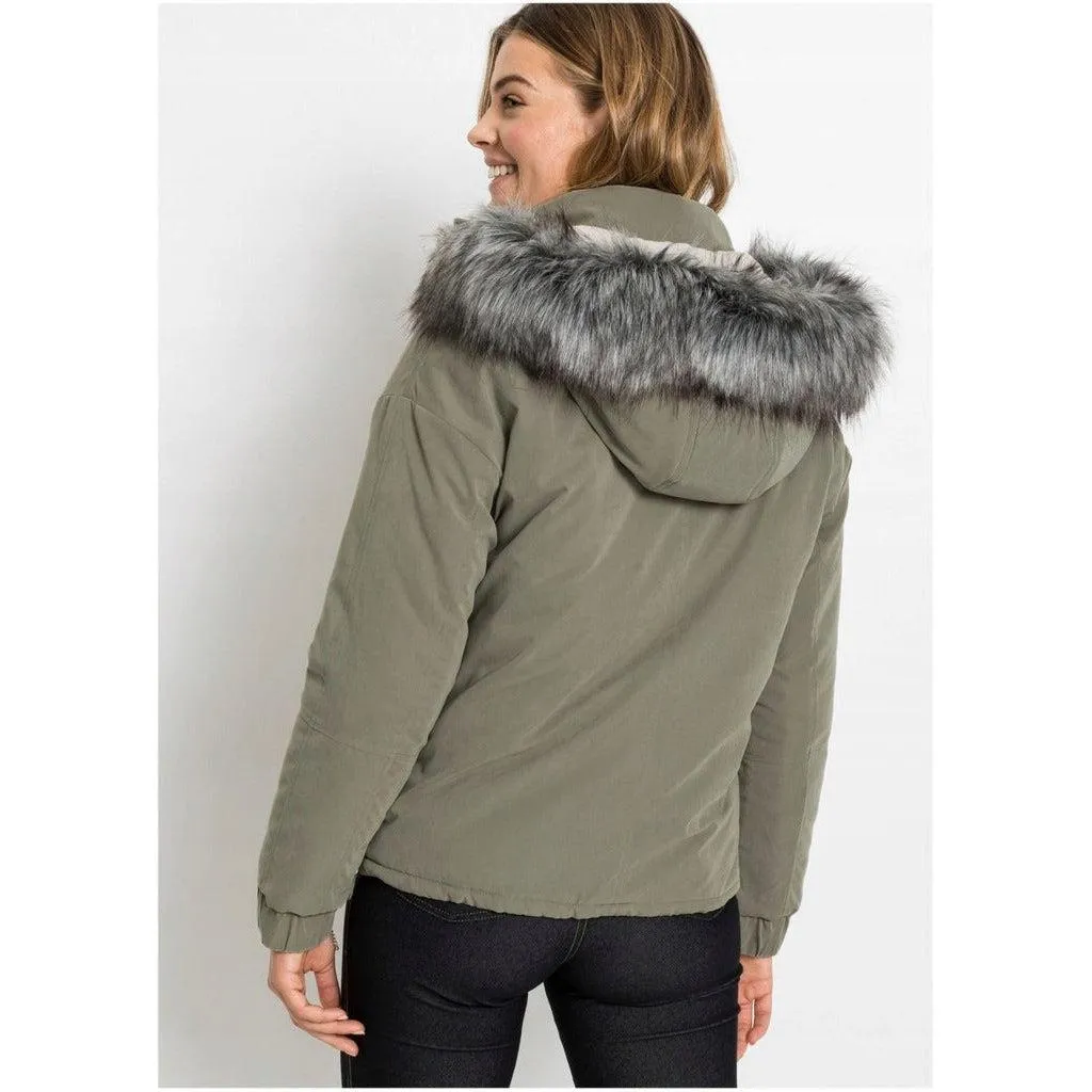 Rainbow Hooded Coat with Fur Trim Dusky Olive UK 10