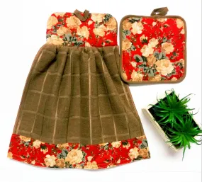 Red Beige Hanging Dish Towel w/ Pot Holder