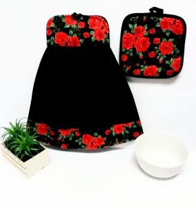 Red Black Hanging Dish Towel w/ Pot Holder