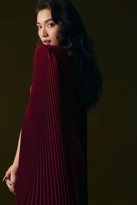 Red elegant long sleeve pleated dress- Liam