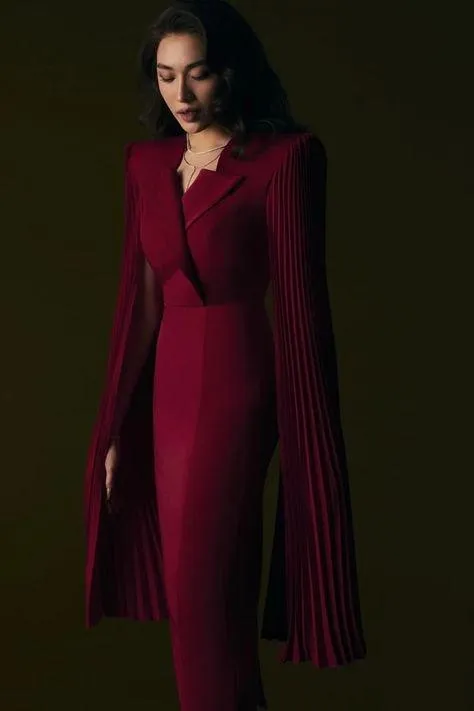 Red elegant long sleeve pleated dress- Liam