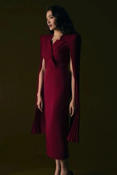 Red elegant long sleeve pleated dress- Liam