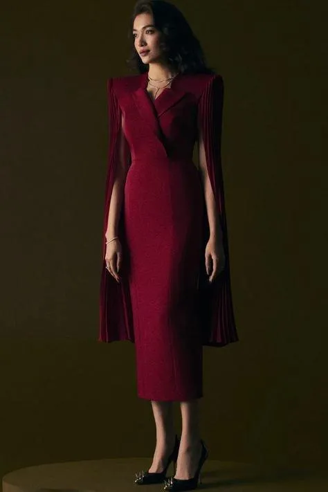 Red elegant long sleeve pleated dress- Liam