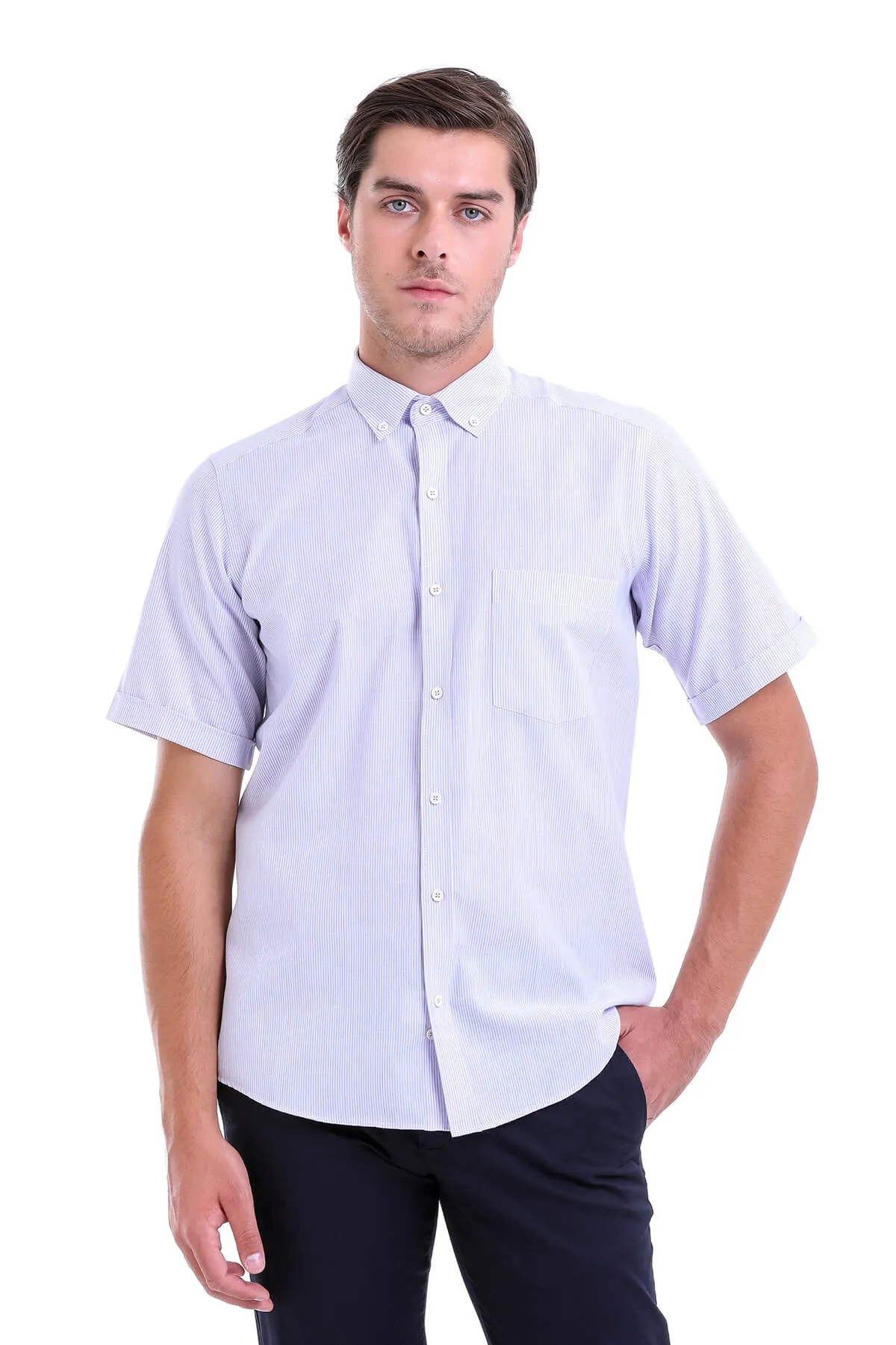 Regular Fit Pinstripe Cotton Blend Lilac Dress Shirt