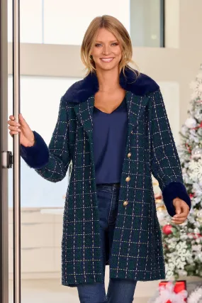 Removable Faux-Fur Trim Tweed Jacket Navy Multi