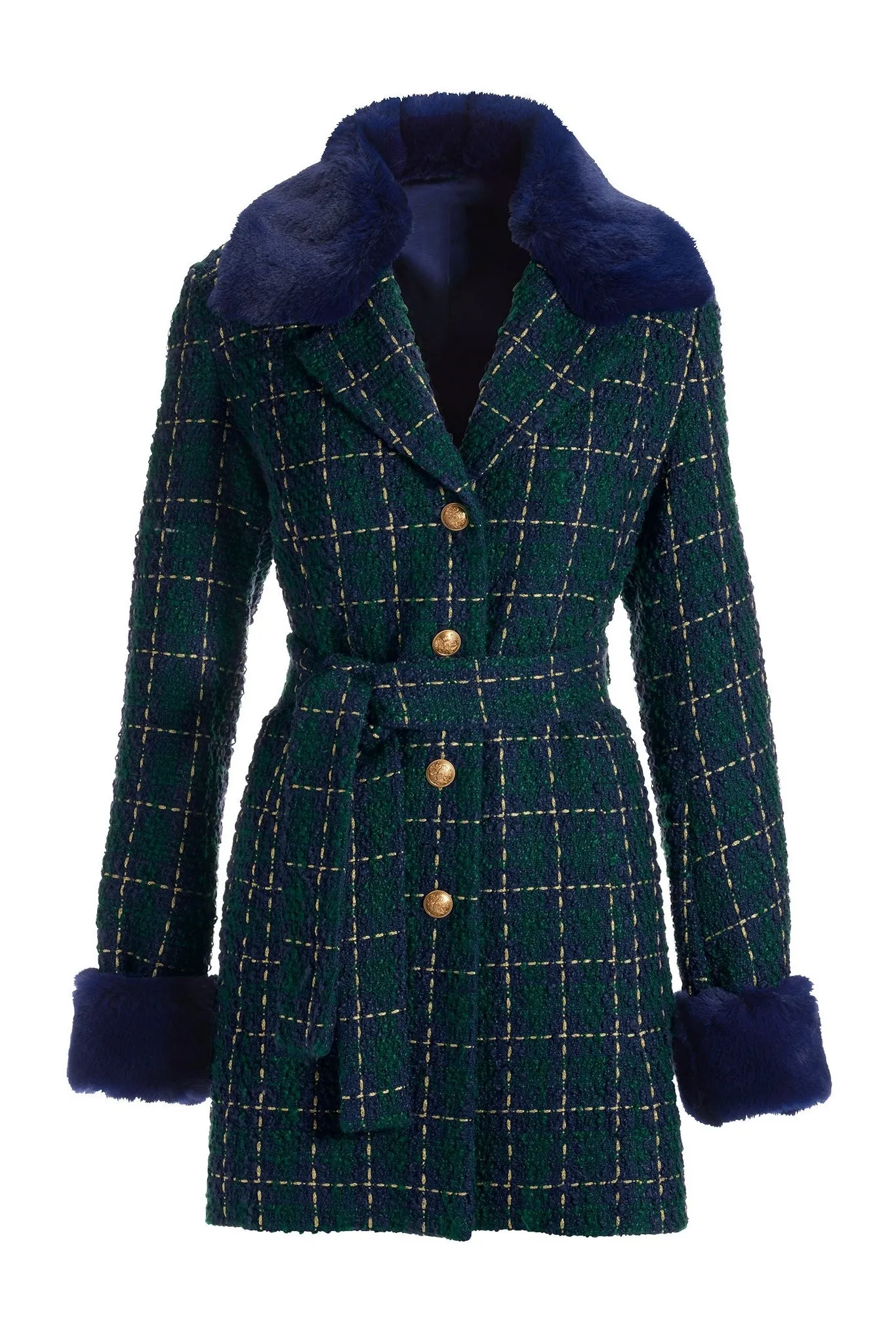 Removable Faux-Fur Trim Tweed Jacket Navy Multi