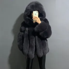 rf1991 Super Warm Women's Fashion Fox Fur Coat with Big Hood Genuine Leather Woman's Real Fur Jacket for Winter