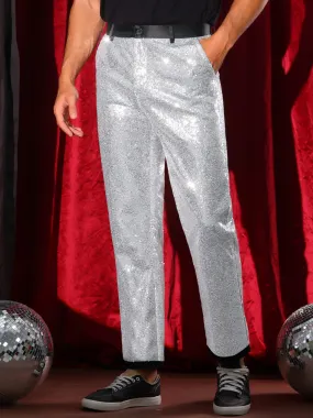 Sequin Dress Pants for Men's Straight Leg Button Down Party Metallic Shiny Suit Trouser