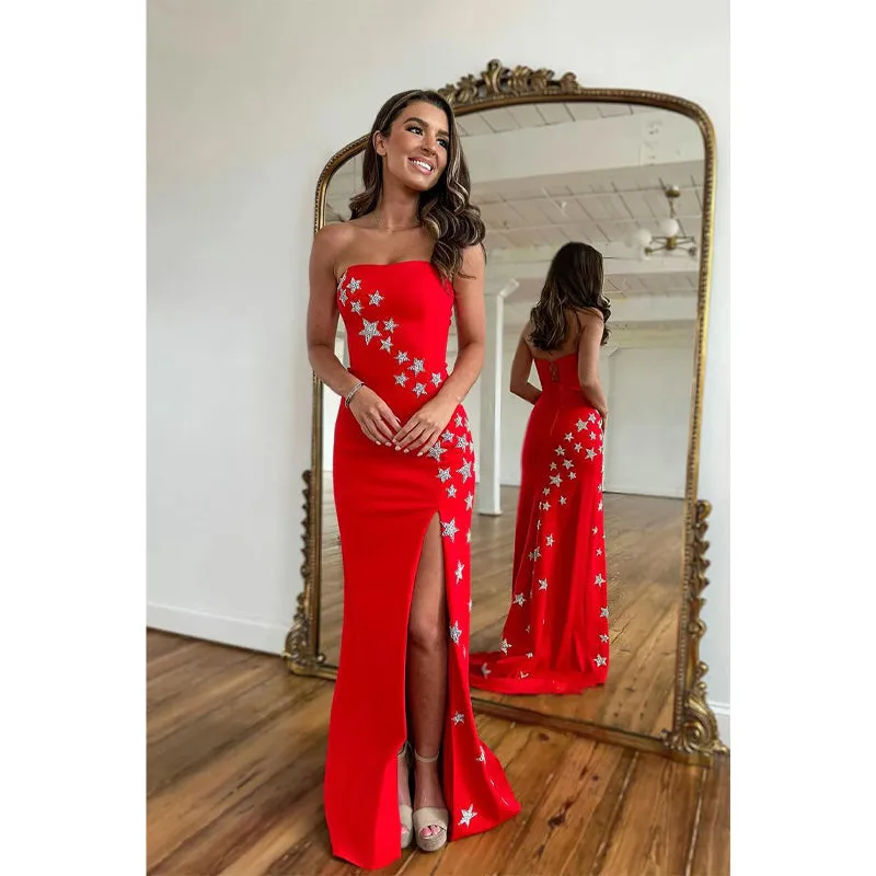 Sheath Strapless Beads Side Split Red Long Prom Dress