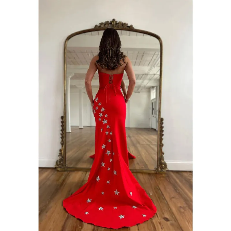 Sheath Strapless Beads Side Split Red Long Prom Dress