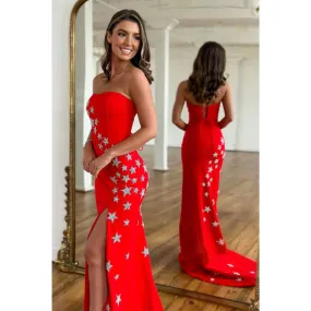 Sheath Strapless Beads Side Split Red Long Prom Dress