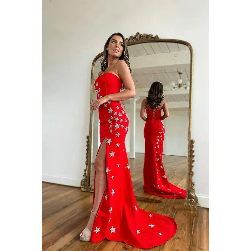 Sheath Strapless Beads Side Split Red Long Prom Dress