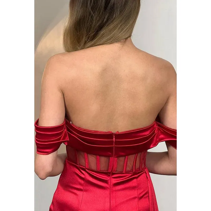 Sheath/Column Off-Shoulder Satin Pleats Sleeveless Prom Evening Formal Dress