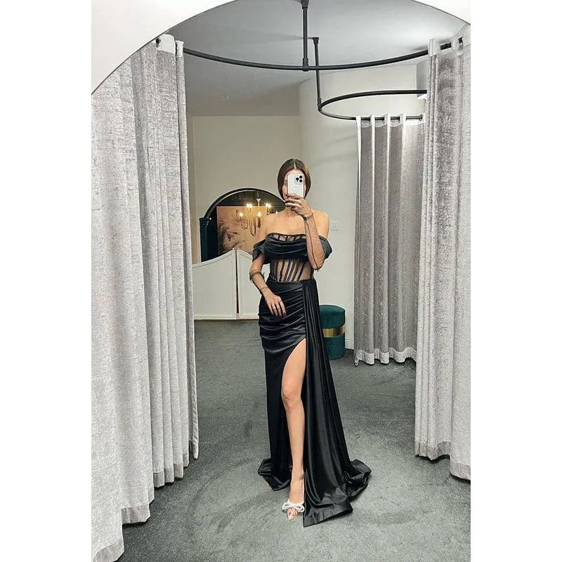 Sheath/Column Off-Shoulder Satin Pleats Sleeveless Prom Evening Formal Dress