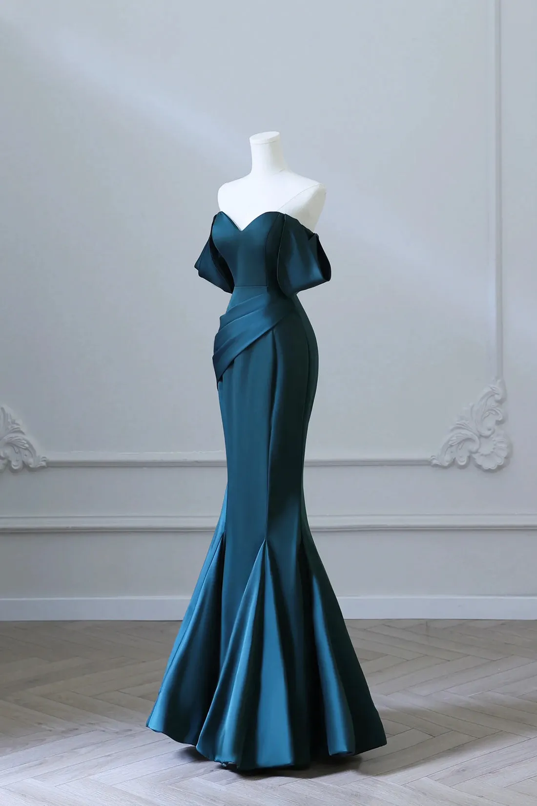 Simple Off Shoulder Satin Ink Blue Long Prom Dress, Ink Blue Mermaid Formal Dress