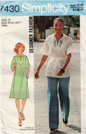 Simplicity 7430 Womens Hippie Style Caftan Top Dress & Pants 1970s Vintage Sewing Pattern Size 12 Bust 34 inches