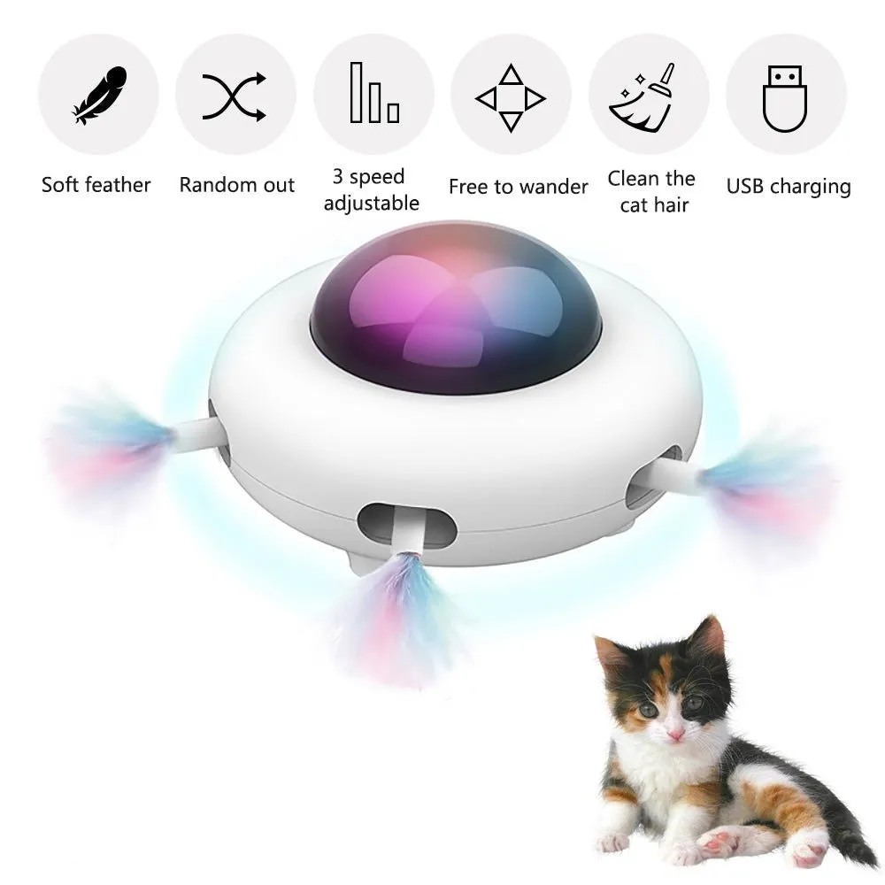 Smart UFO Interactive Cat Toy - Indoor Rotating Feather Electronic Toy with Smart Auto Shut-Off, Random Movement, and USB Charging