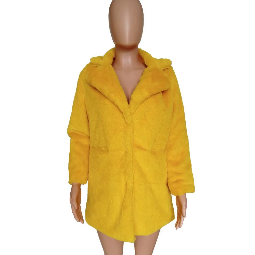 Solid Color Lapel Loose Faux Fur Women Teddy Coat