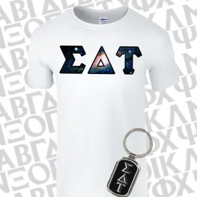 Sorority Bid Day Special - Sorority Panoramic Pattern Printed Tee and Metal Keychain Package - Jerzees 21MR - SUB - GFT090 - LZR