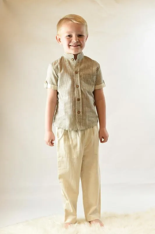 Striped Mandarin Collar Shirt & Beige Pants Set