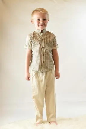 Striped Mandarin Collar Shirt & Beige Pants Set