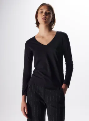 T-shirt Noir Col V Manches Longues en Deluxe Coton