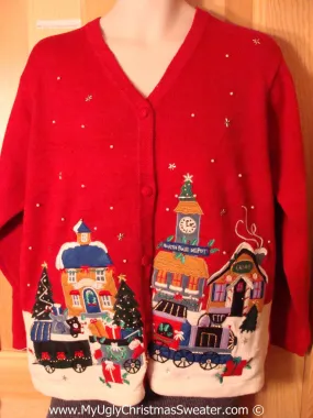 Tacky Christmas Sweater Party Ugly Sweater with Festive Colorful Winter Wonderland Town (f893)