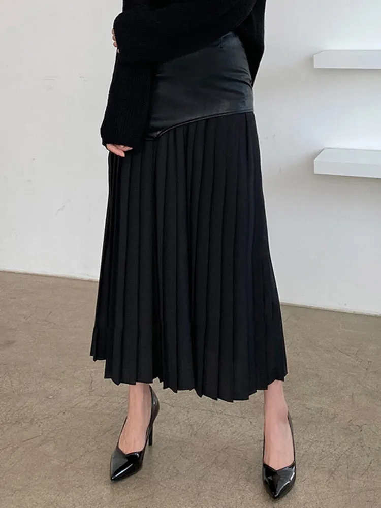 Tami Pleated Skirt with Faux Leather Patchwork - 2 Colors
