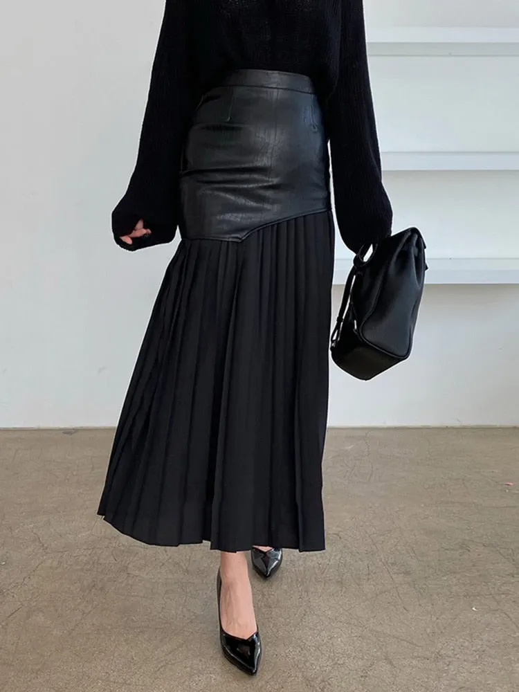 Tami Pleated Skirt with Faux Leather Patchwork - 2 Colors