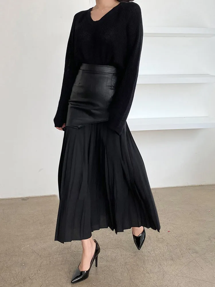 Tami Pleated Skirt with Faux Leather Patchwork - 2 Colors
