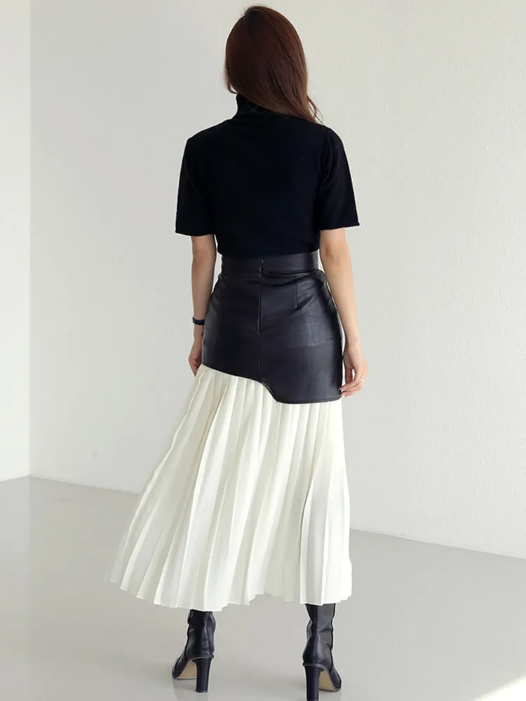 Tami Pleated Skirt with Faux Leather Patchwork - 2 Colors