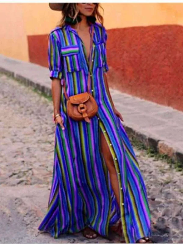 TastyHottie - Cute Bohemia Striped Shirt Maxi Dress