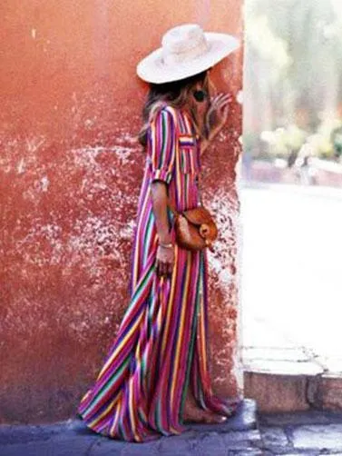 TastyHottie - Cute Bohemia Striped Shirt Maxi Dress