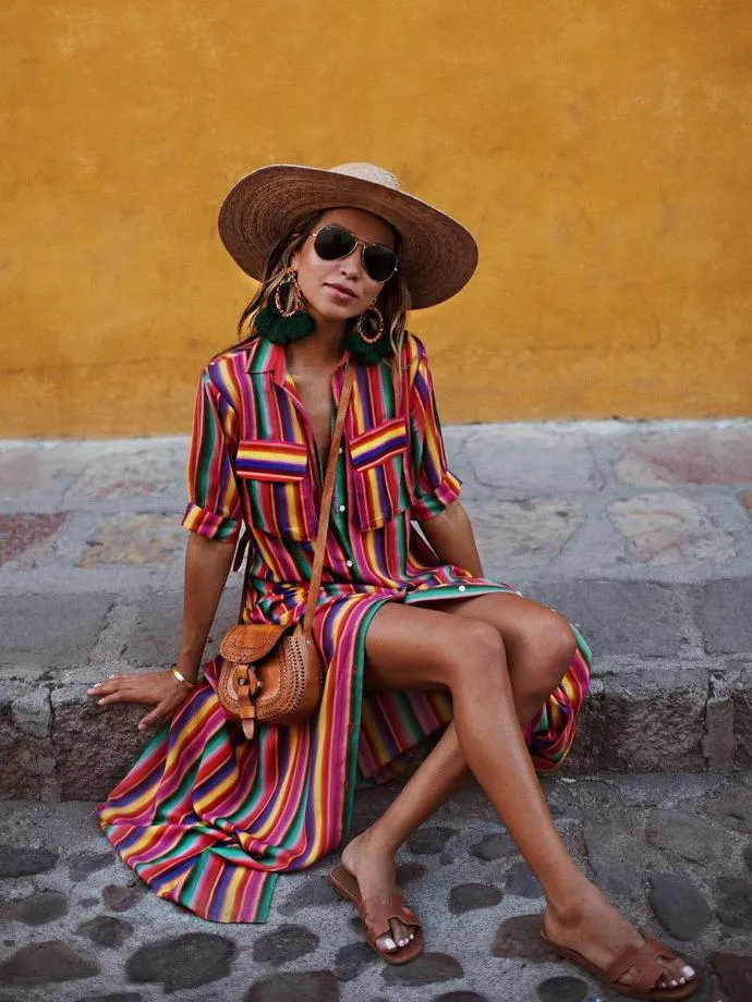 TastyHottie - Cute Bohemia Striped Shirt Maxi Dress