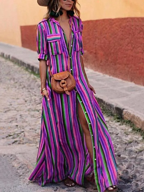TastyHottie - Cute Bohemia Striped Shirt Maxi Dress