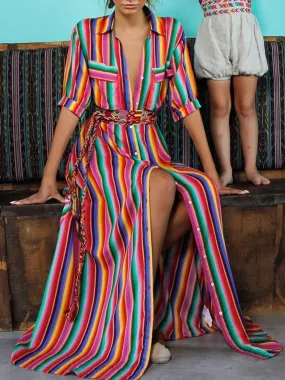 TastyHottie - Cute Bohemia Striped Shirt Maxi Dress