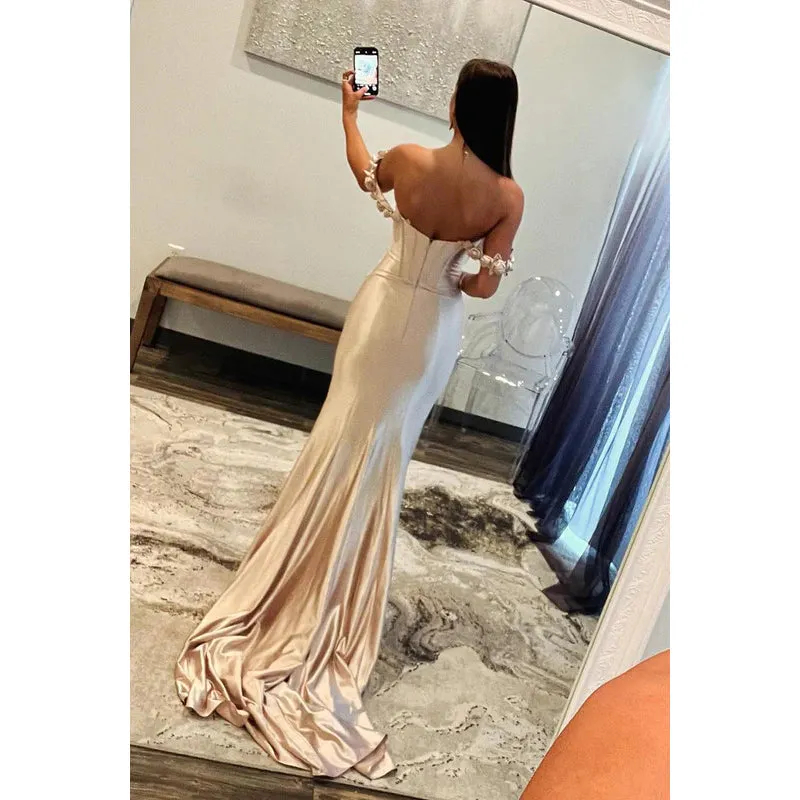 Trumpet/Mermaid Classic Elegant Of-Shoulder Cap Sleeves Satin Party Prom Dress