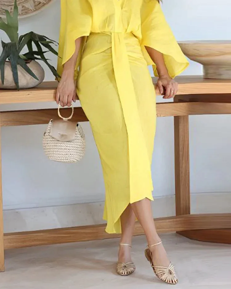V-NECK SOLID COLOR WAIST DRESS