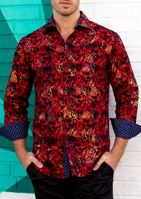 Velvet Paisley Metallic Plaid Long Sleeve Dress Shirt Red