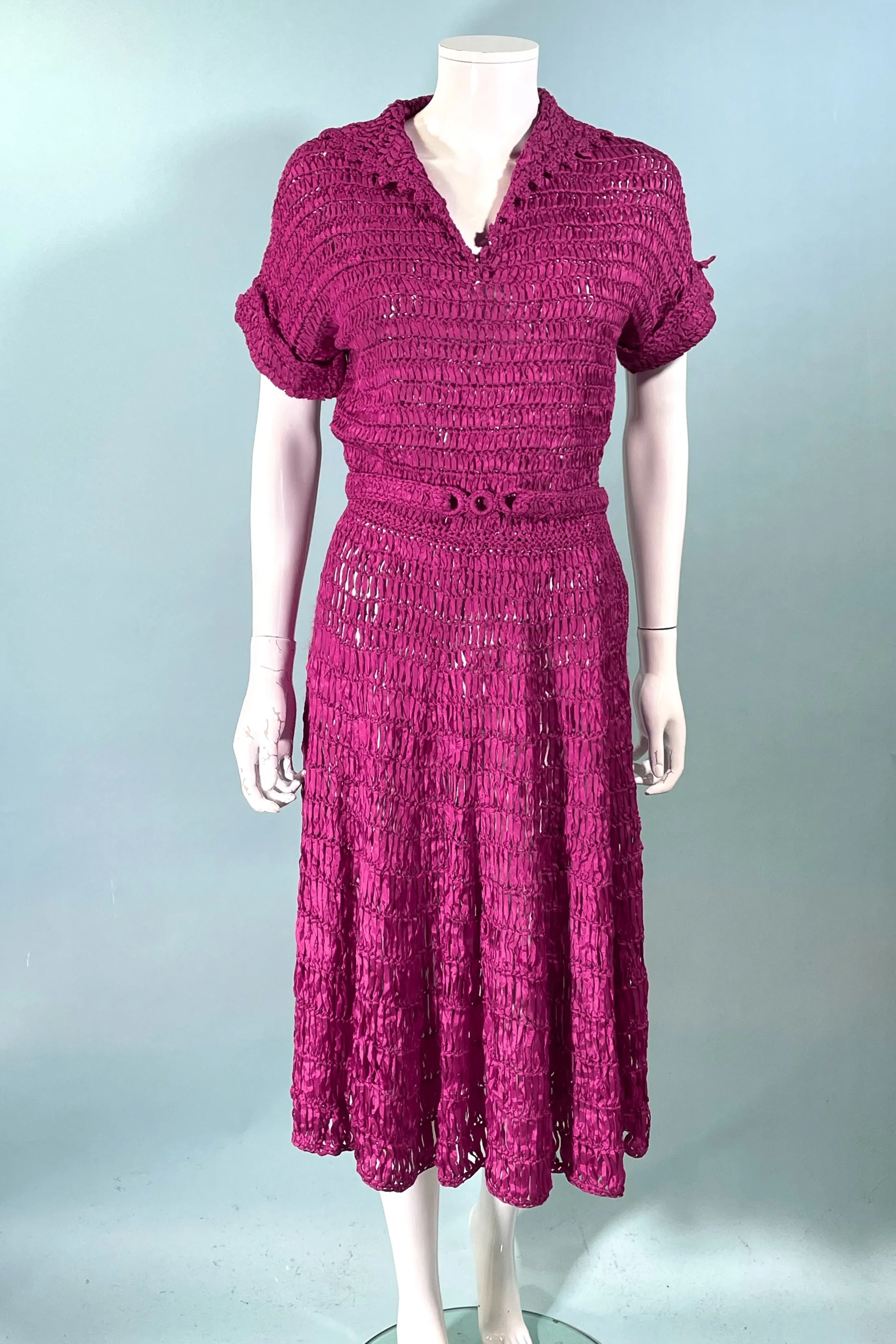 Vintage 40s Cranberry Red Ribbon Dress   Belt, Crochet/Knit Ribbon Dress S