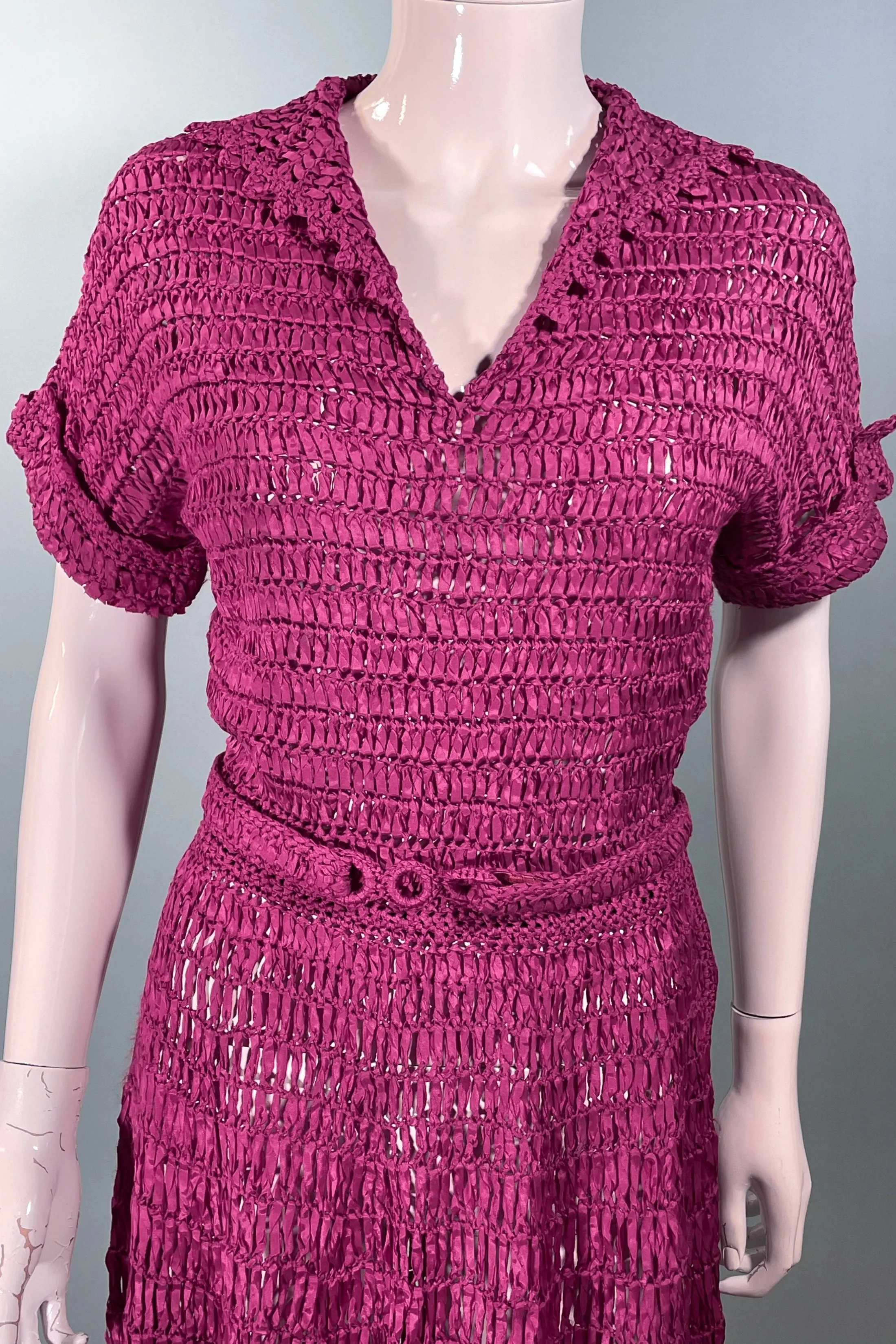 Vintage 40s Cranberry Red Ribbon Dress   Belt, Crochet/Knit Ribbon Dress S