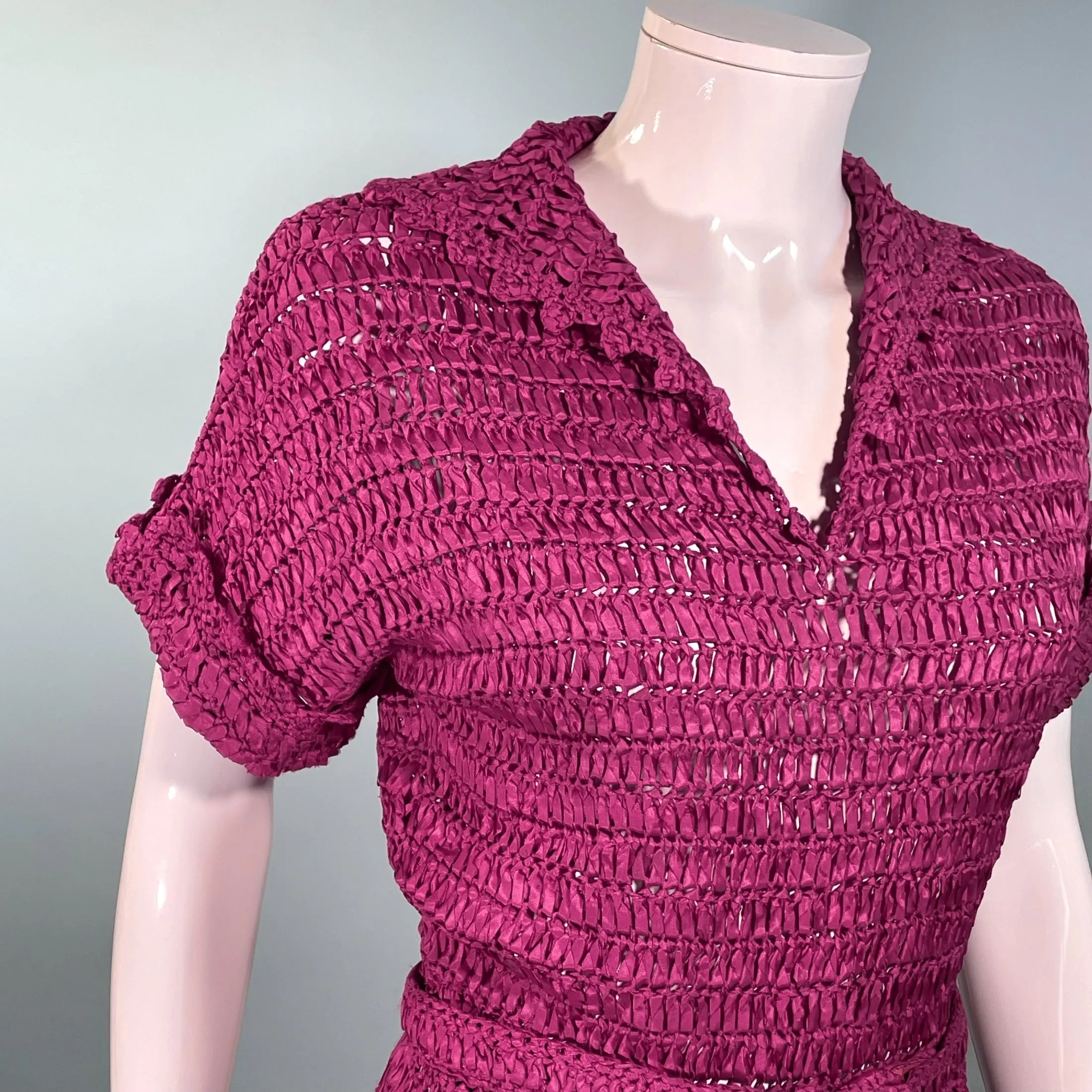 Vintage 40s Cranberry Red Ribbon Dress   Belt, Crochet/Knit Ribbon Dress S