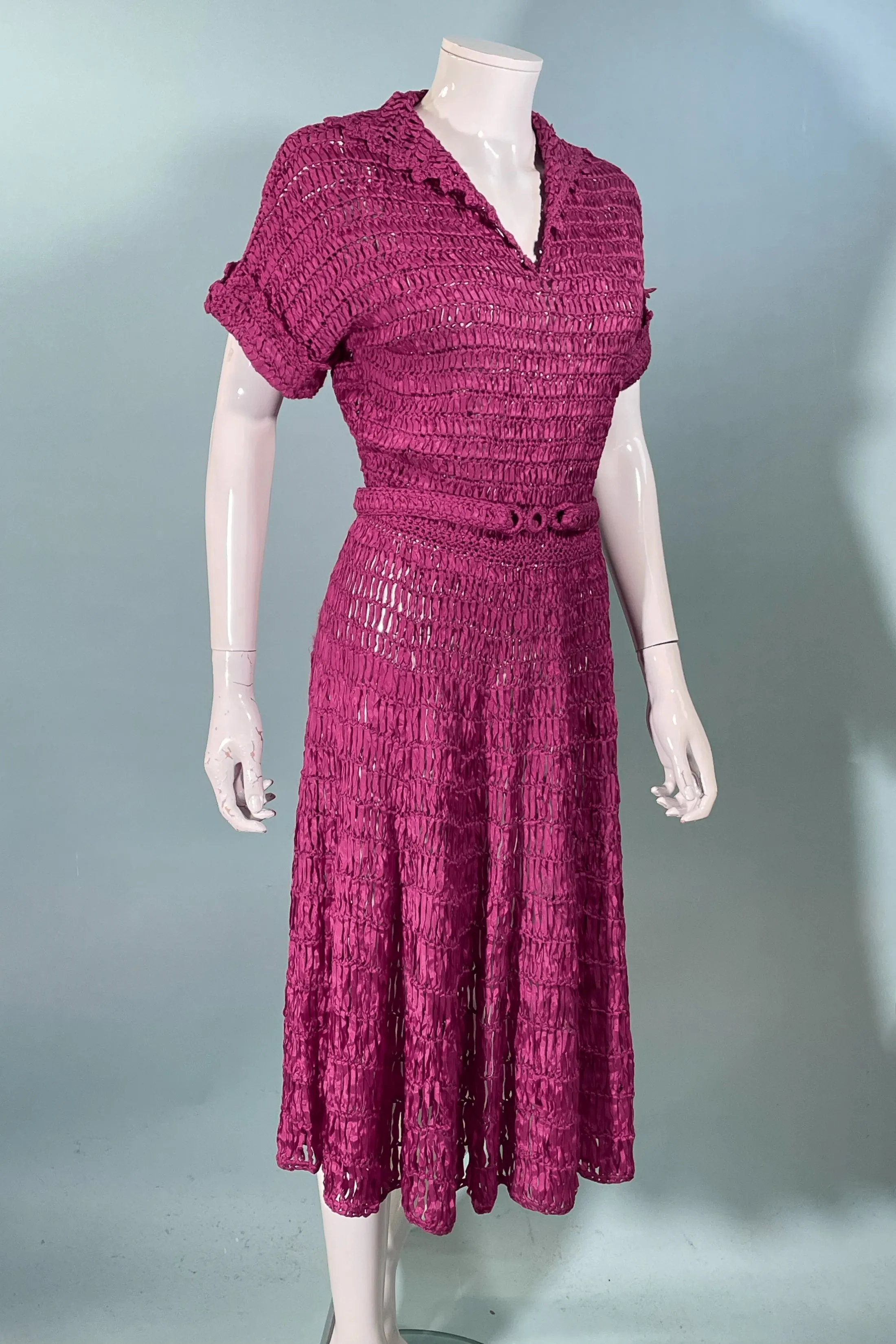 Vintage 40s Cranberry Red Ribbon Dress   Belt, Crochet/Knit Ribbon Dress S
