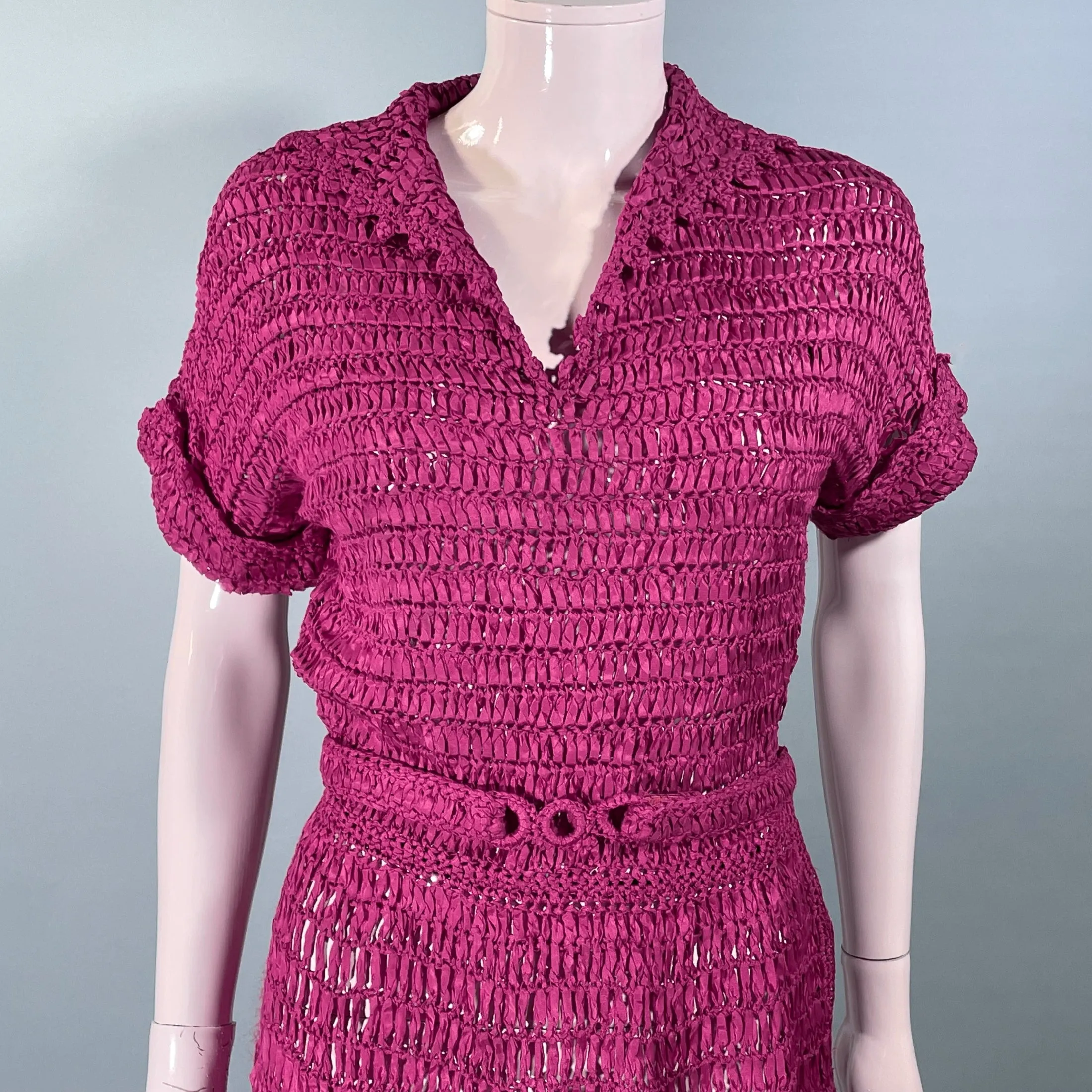 Vintage 40s Cranberry Red Ribbon Dress   Belt, Crochet/Knit Ribbon Dress S