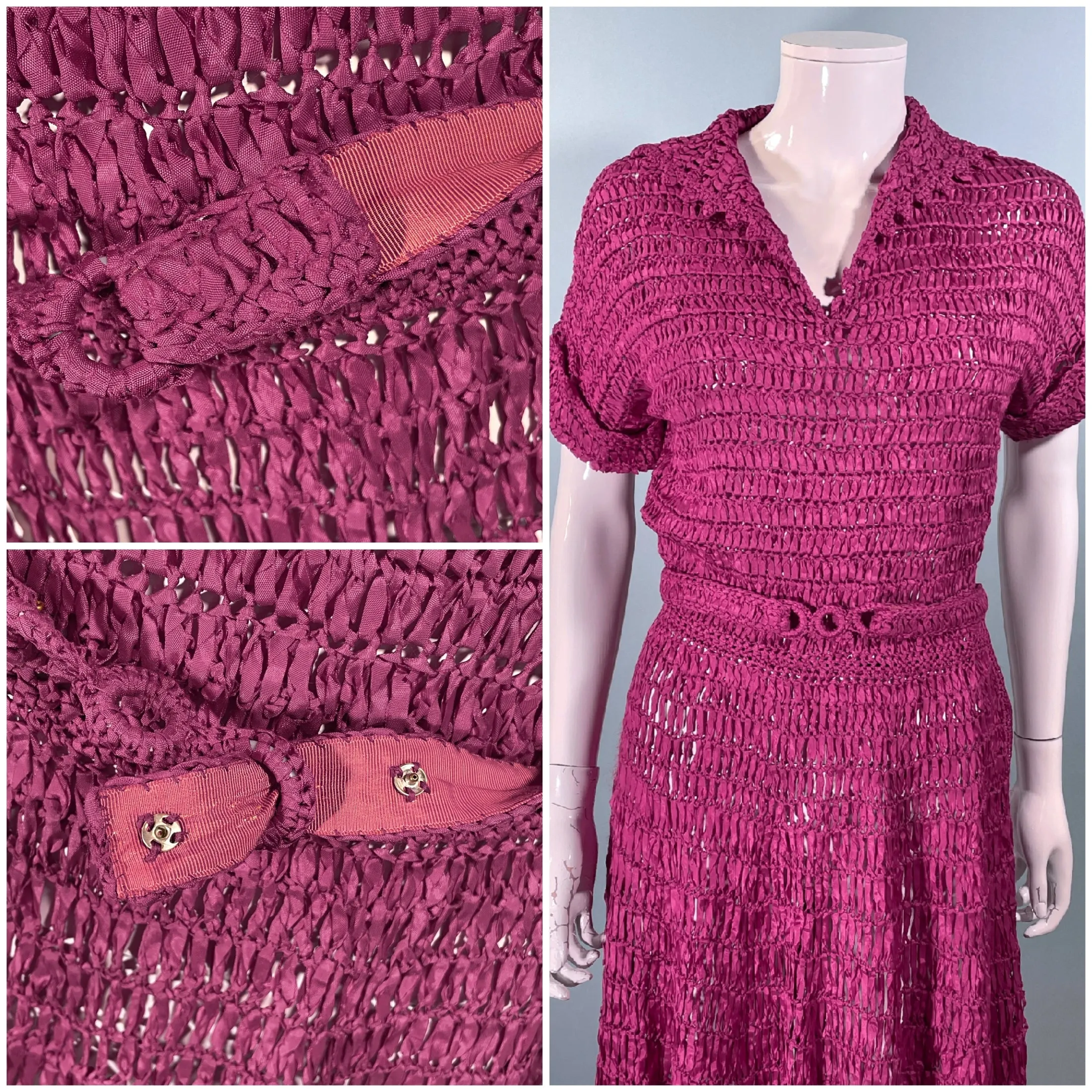 Vintage 40s Cranberry Red Ribbon Dress   Belt, Crochet/Knit Ribbon Dress S