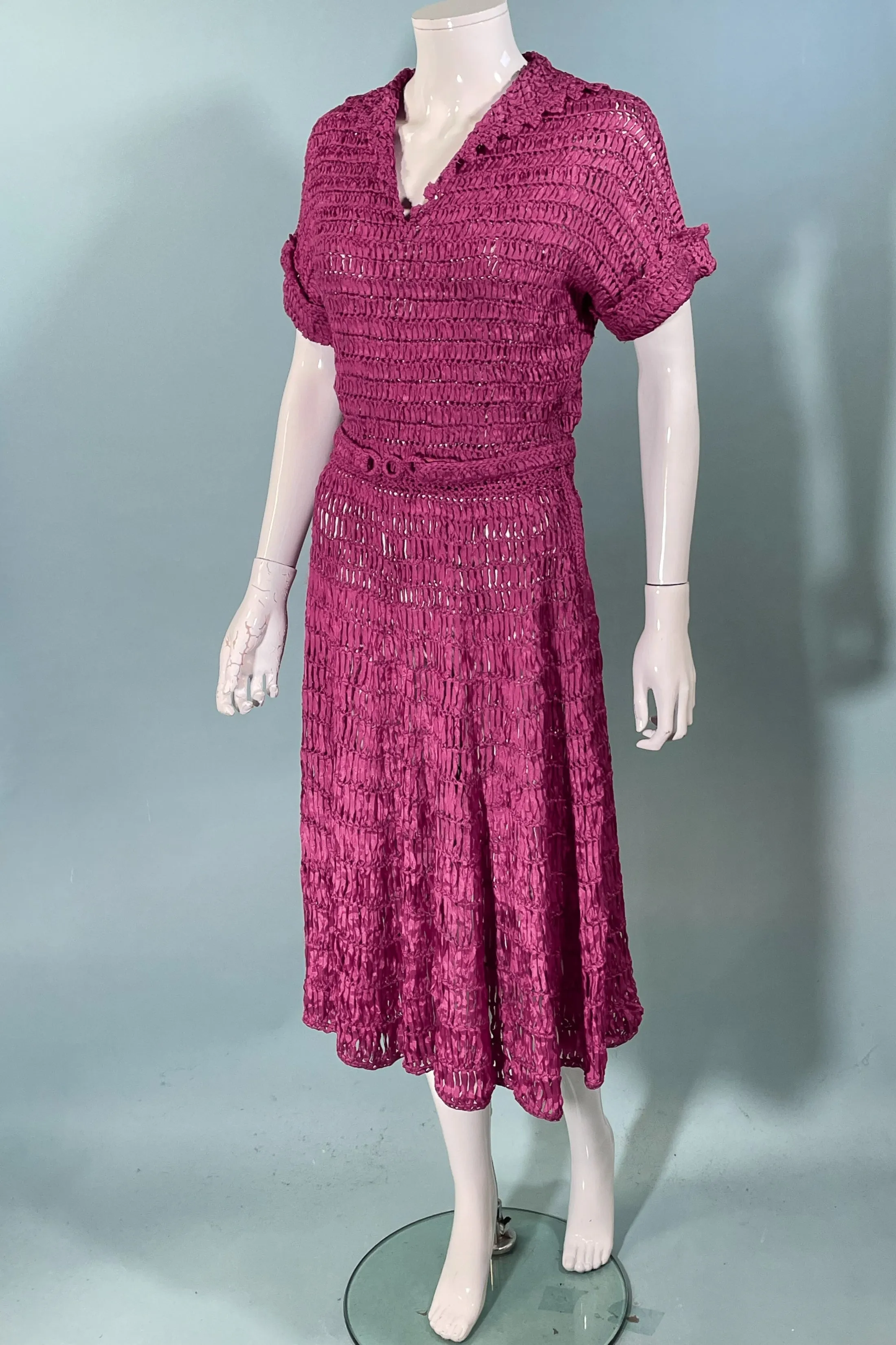 Vintage 40s Cranberry Red Ribbon Dress   Belt, Crochet/Knit Ribbon Dress S